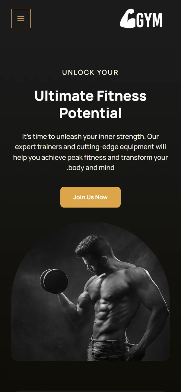 צילום מסך של עמוד הבית באתר GYM - חדר כושר, בתצוגת טלפון