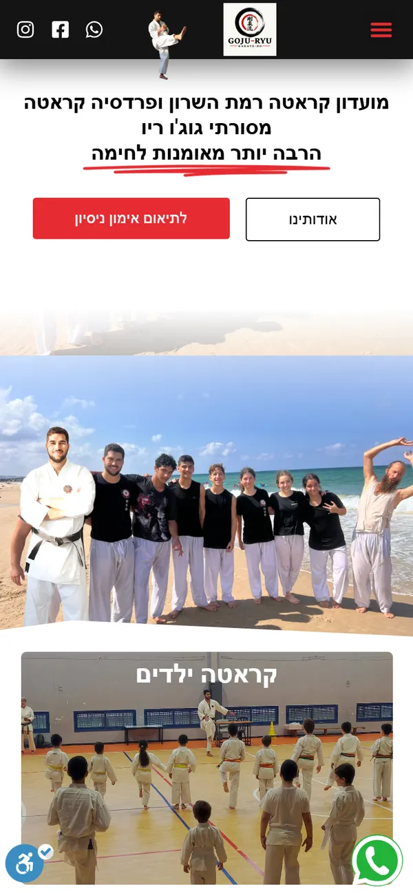 צילום מסך של עמוד הבית באתר Karate Family Center, בתצוגת טלפון